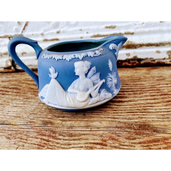 Antique Schafer Vater blue Jasperware Creamer Pitcher With Fairy Nymph - Picture 4 of 8